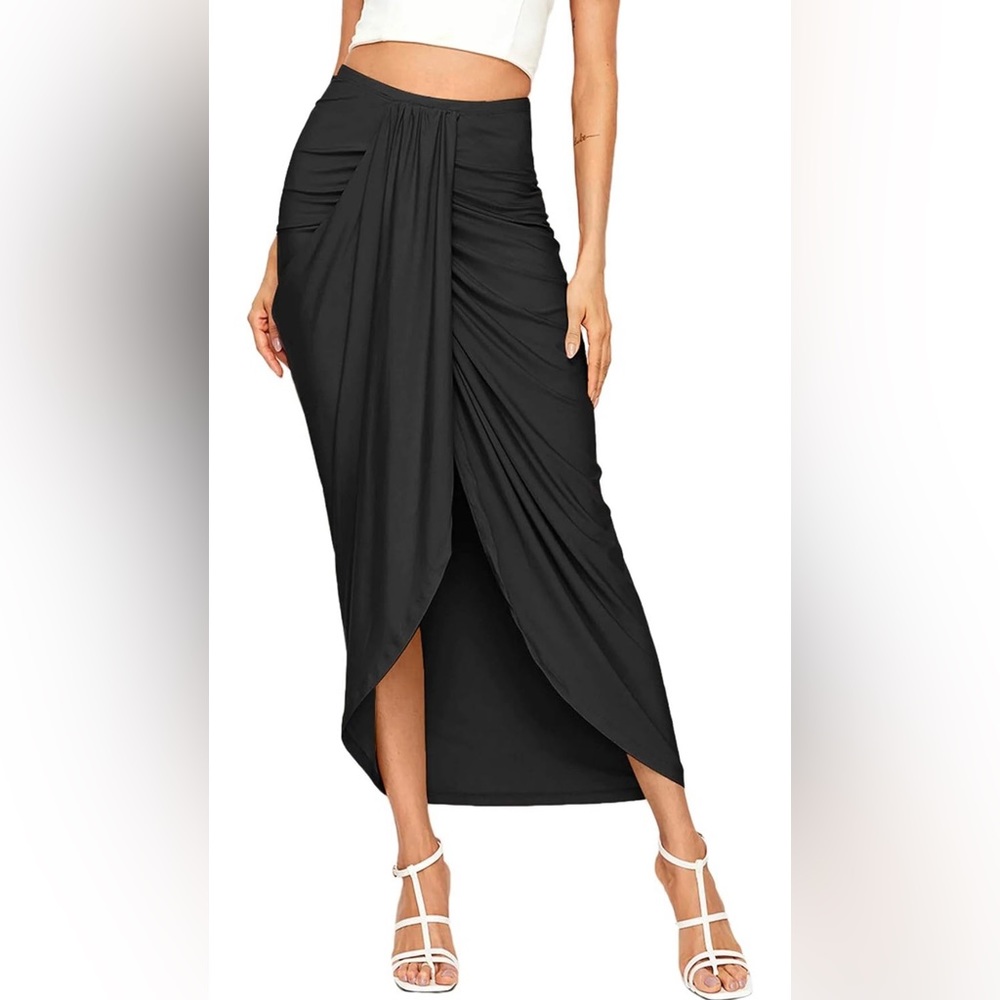 Women's Casual Slit Wrap Asymmetrical Elastic High Waist Maxi Draped Skirt